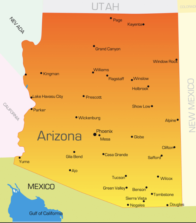 Map of Arizona highlighting cities served by Prospera