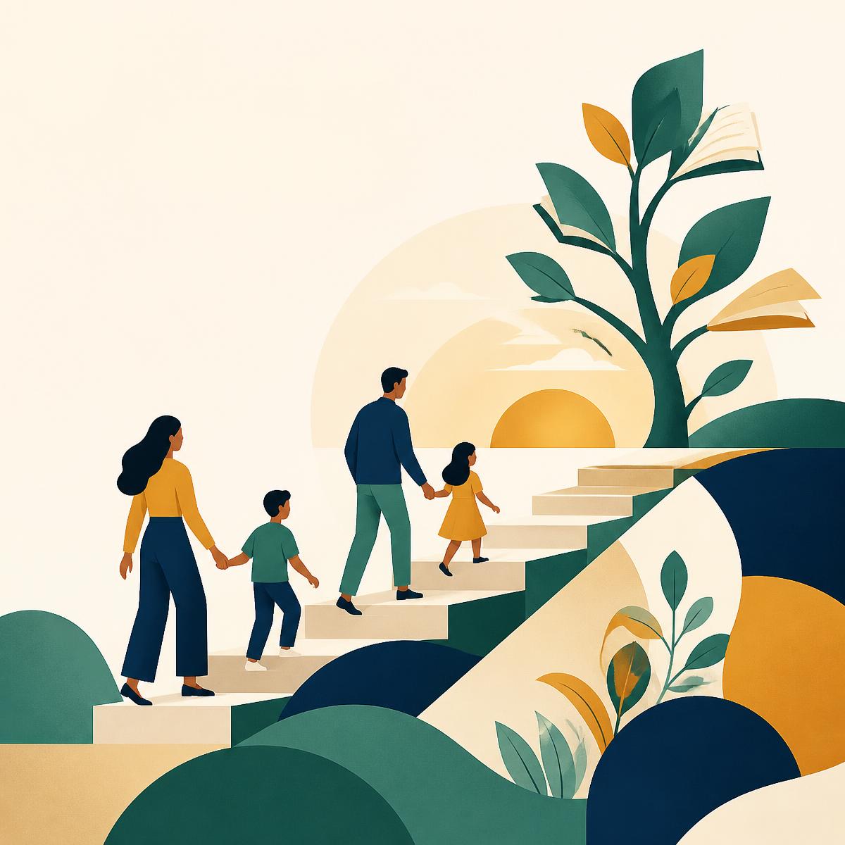 Illustration of an Arizona family climbing steps toward growth and opportunity